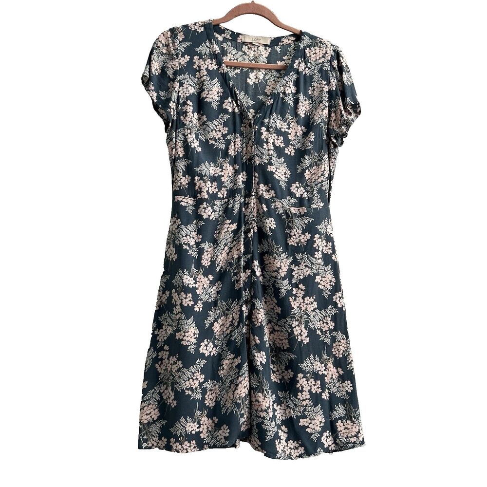 Floral Button Down Short Sleeve Dress with Pockets, Blue and Pink, Cottage, Sz 4